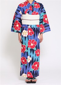 きものやまと プレタ ゆかた 乱菊 ワイン ゆかた 注染 風牡丹/紺