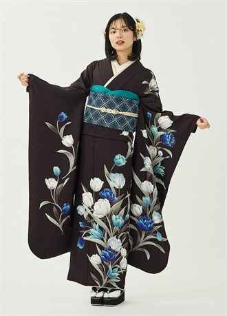 振袖　花揺れるチューリップ-ビターブラウン-（ご予約受注品）