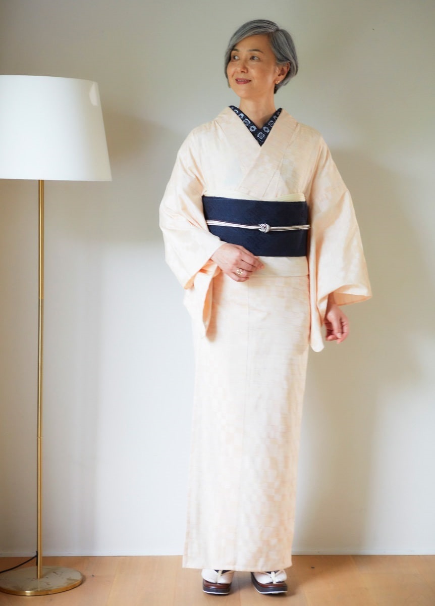 長井紬　変わり市松　杏色（お取り寄せ品）