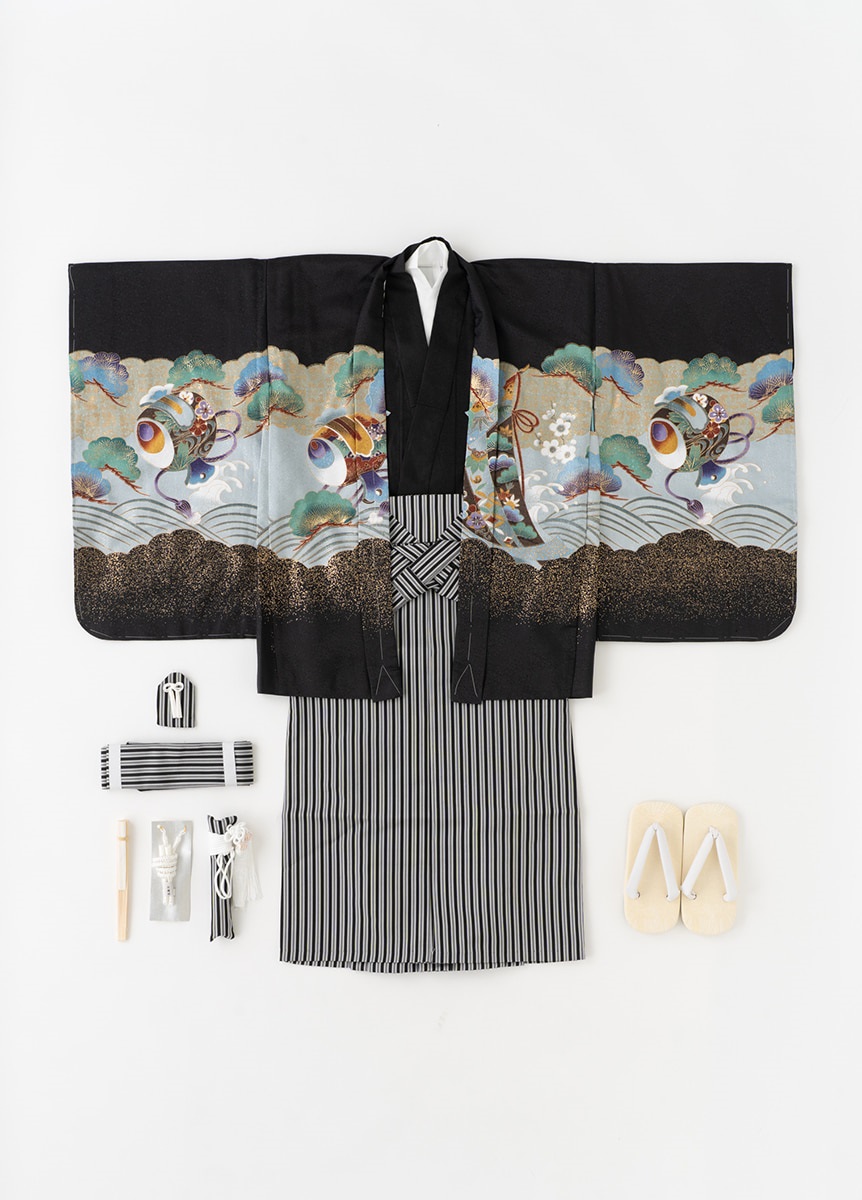 七五三　五歳用袴フルセット　黒　兜　小槌（お取り寄せ品）