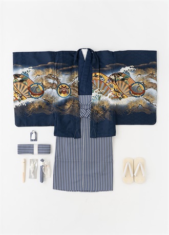 七五三　五歳用袴フルセット　紺　兜（お取り寄せ品）