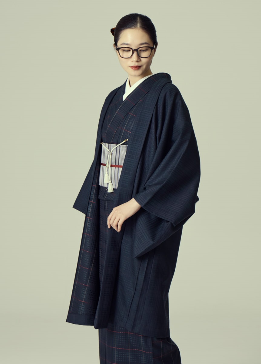 尾州ウール羽織　リバーシブルチェック　ダークネイビー×レッド