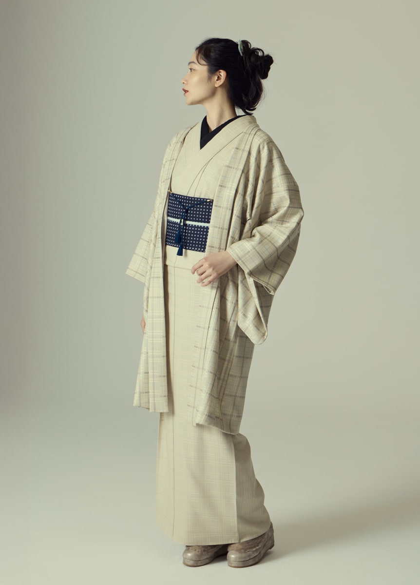 尾州ウール羽織　リバーシブルチェック　エクリュ×ベビーブルー