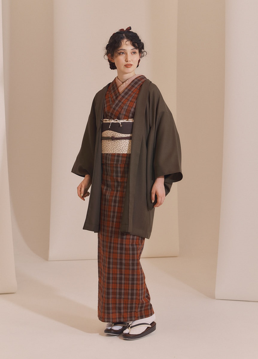 【江戸日和】片貝木綿　格子　海老色（お取り寄せ品）