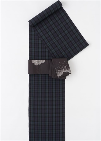 片貝木綿　重ね色チェック　紫×藍鉄色（ご予約受注品）
