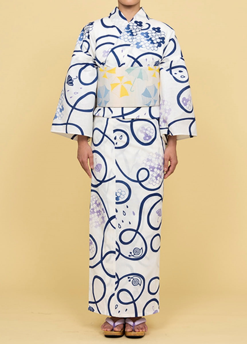 【WEB限定】プレタゆかた　注染　紫陽花とカタツムリ　白青　M