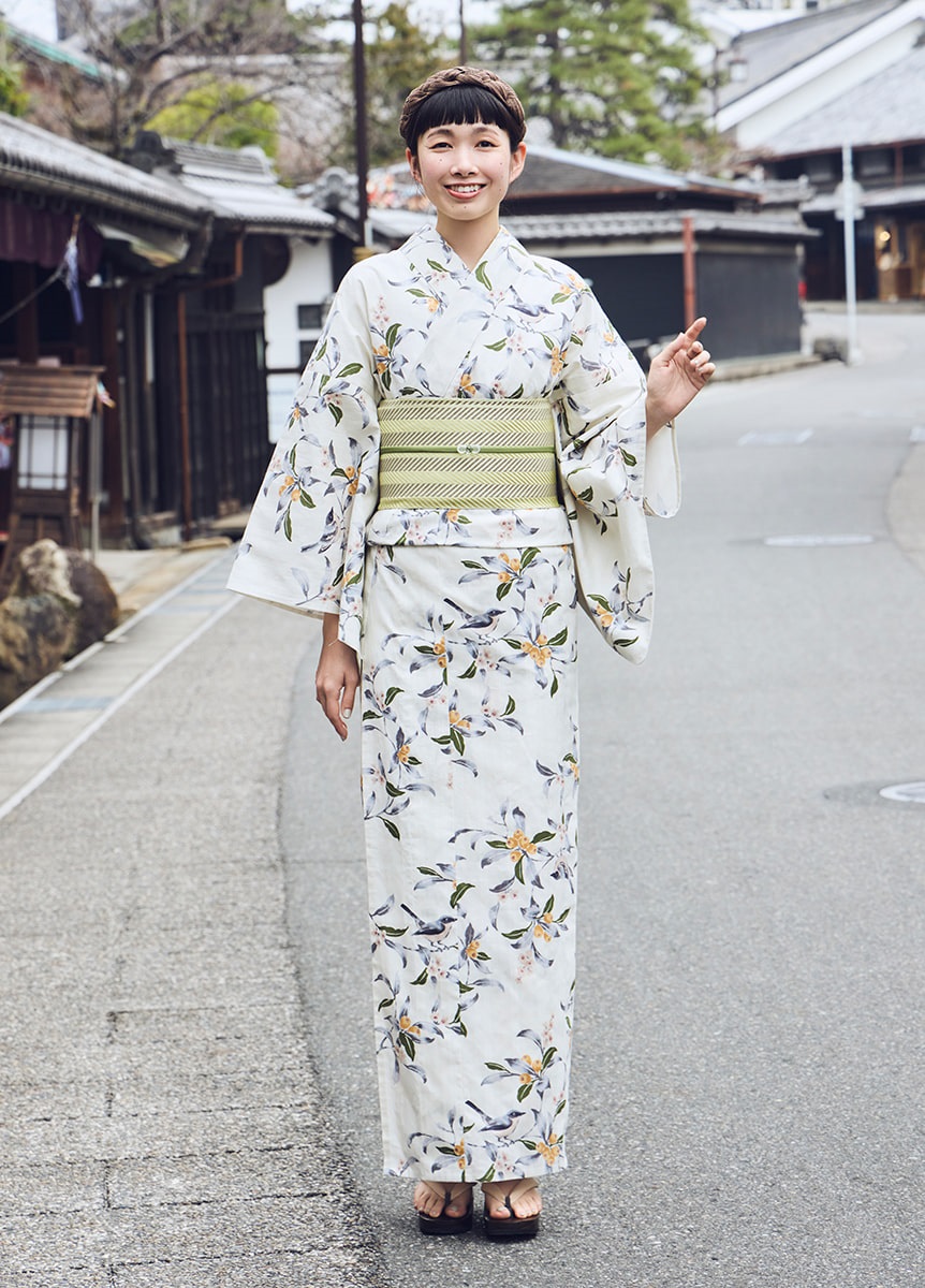 浴衣　夏音　オオルリと枇杷　生成り（ご予約受注品）