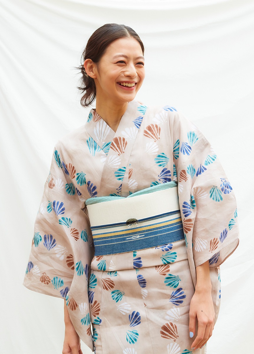 きものやまと　浴衣　プレタ浴衣　半幅帯　セット販売　身丈約161cm プレタ浴衣 夏音 貝殻カスタネット 薄茶 | 浴衣 | やまと
