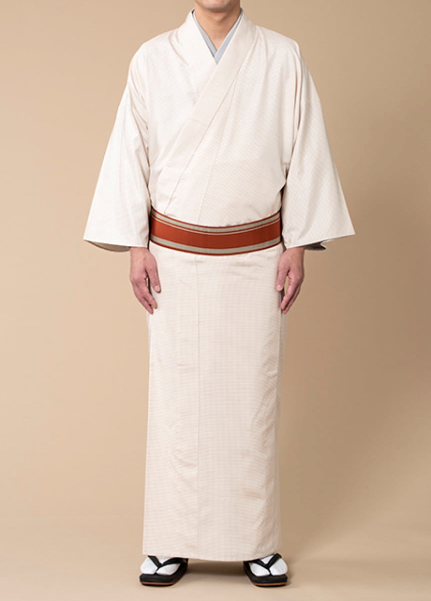 きもの　十日町紬　格子　灰白色