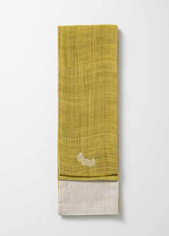 麻きびら半巾帯　黄色地　羽根の刺繍
