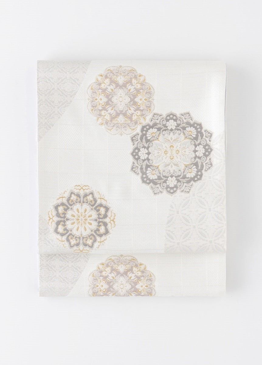 袋帯　織匠小平謹製　流水取りに市松華文　灰