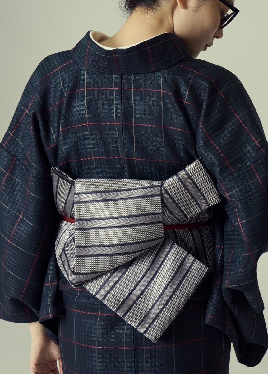 半幅帯　糸錦　縞格子　グレー（お取り寄せ品）