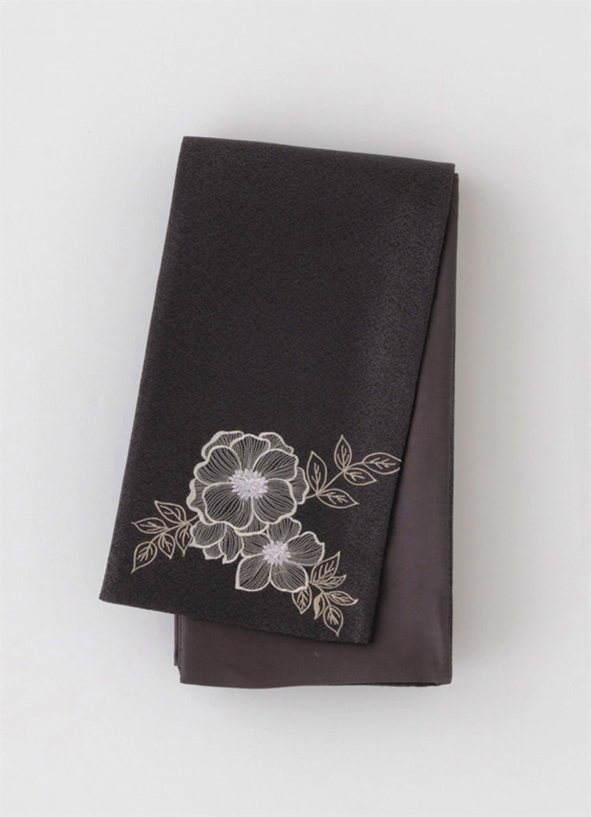 西陣刺繍半幅帯　ポピー　茶（ご予約受注品）