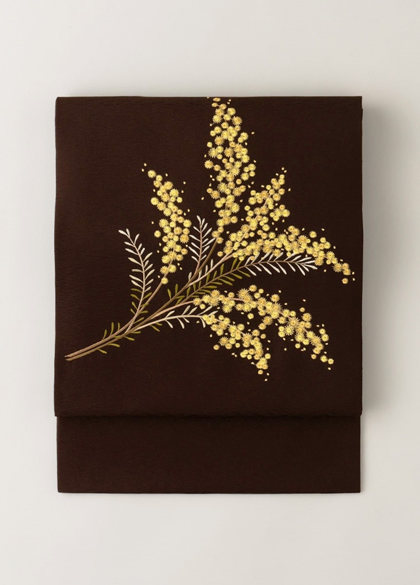 九寸名古屋帯　ミモザ刺繍　茶（ご予約受注品）