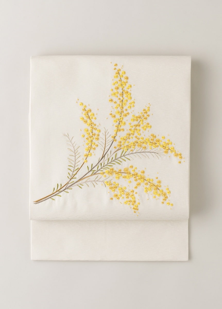 九寸名古屋帯　ミモザ刺繍　生成