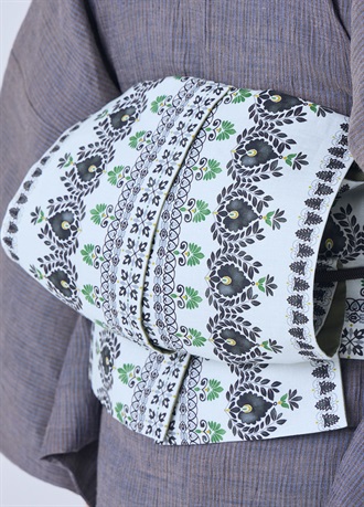 夏半幅帯　リネンのインクジェット　黒曜更紗（ご予約受注品）