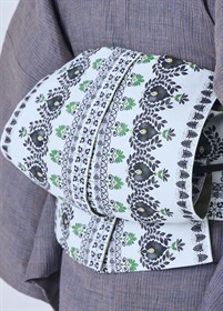 夏半幅帯　リネンのインクジェット　黒曜更紗（ご予約受注品）