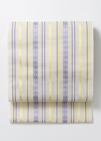 紗八寸名古屋帯　博多織　五献上　白×紫×黄