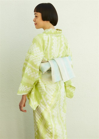 紗半幅帯　博多織　裂取り　白×青緑色（お取り寄せ品）