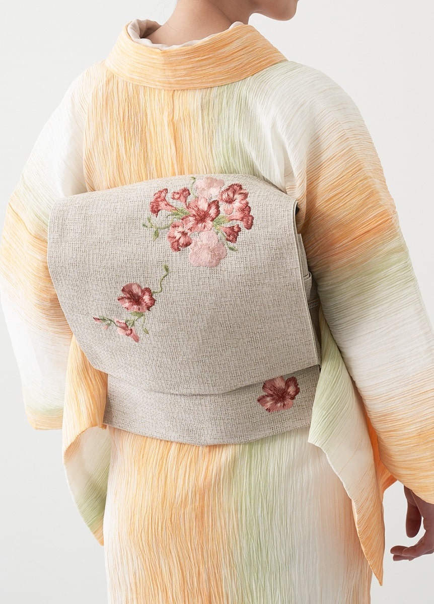 麻八寸名古屋帯　刺繍　ノウゼンカズラ