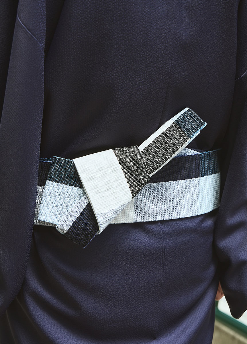 角帯　米沢織　大格子　灰青