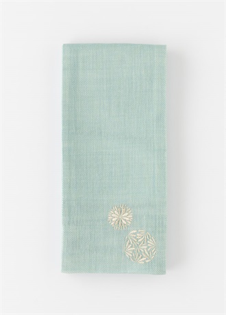 麻刺繍半幅帯　華火　水色