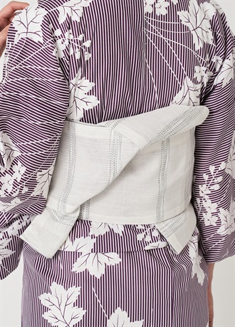 麻半幅帯　和紙横段　白×グレー