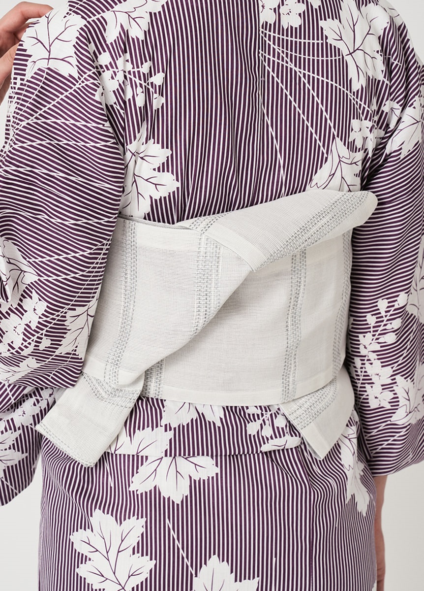 麻半幅帯　和紙横段　白×グレー