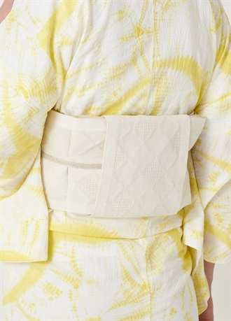 麻半幅帯　ふくれ織　白×ベージュ