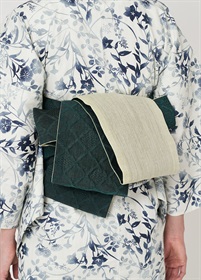 麻半幅帯　ふくれ織　緑×若草色