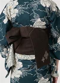 麻刺繍半幅帯　星切子　茶