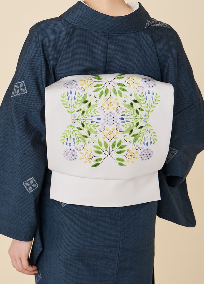 きものやまと×青山佳世　京袋帯　geometric flowers　gray（ご予約受注品）