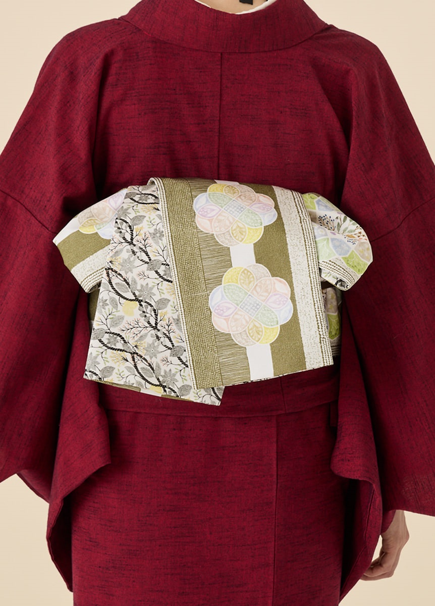きものやまと×青山佳世　半巾帯　pigeon garden　 olive（ご予約受注品）