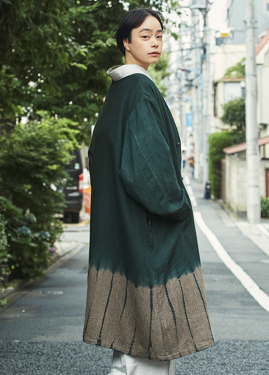 きものやまと×suzusan　絞りウールコート　Moss green×Brown（お取り寄せ品）