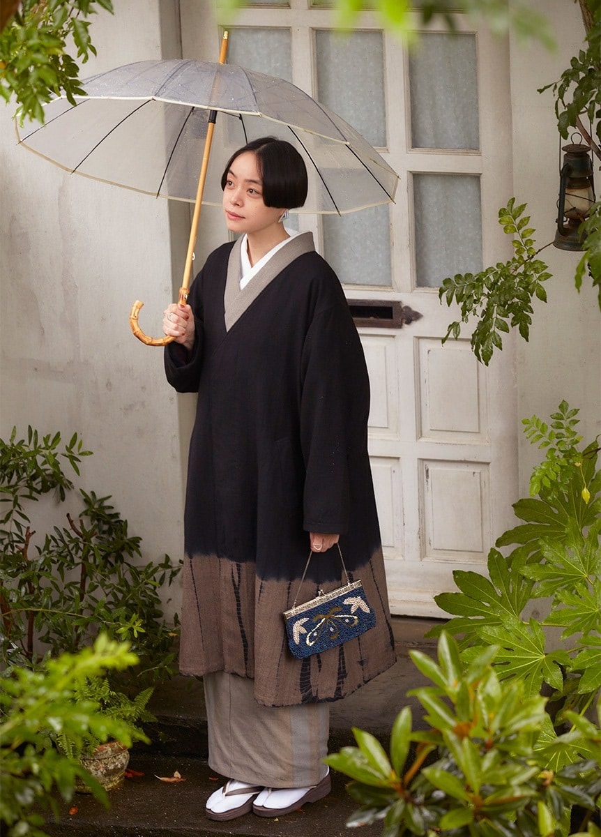 きものやまと×suzusan　ノーカラーウールコート　グレンチェック　Black×Muddy Brown（お取り寄せ品）