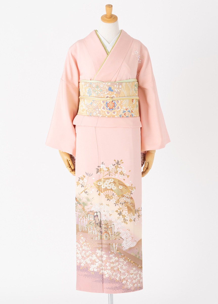 訪問着レンタル　御所車に扇　桜色　L