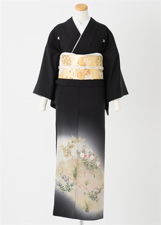 黒留袖一式レンタル　竹柵に花・萩　M