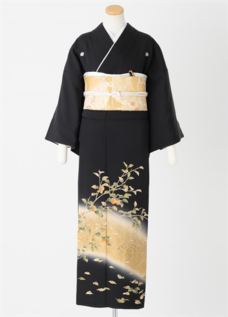 黒留袖一式レンタル　金茶・柿の木　L