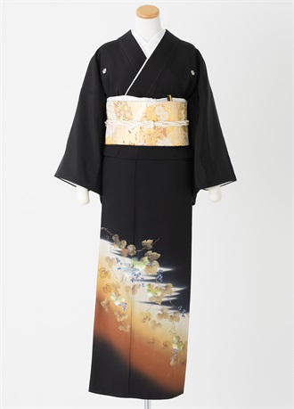 黒留袖一式レンタル　和紙染・茶　L
