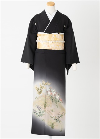 黒留袖一式レンタル　竹柵に花・萩　L