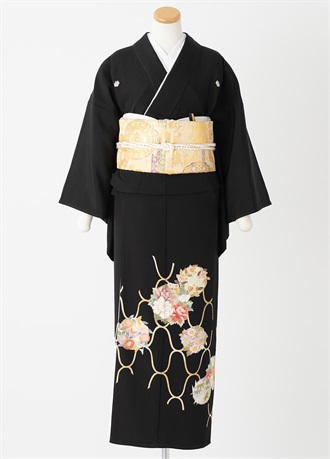 黒留袖一式レンタル　花丸紋つなぎ　L