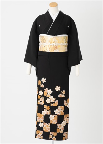 黒留袖一式レンタル　市松格子桜　M