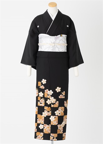 黒留袖一式レンタル　市松格子桜　L