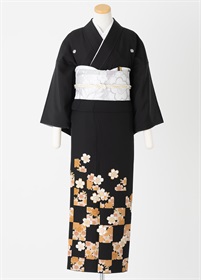 黒留袖一式レンタル　市松格子桜　L