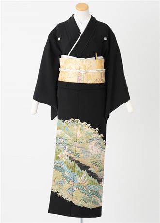 黒留袖一式レンタル　山水画　三がい松　フリーサイズ