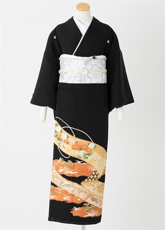 黒留袖一式レンタル　菊　朱流れ　フリーサイズ