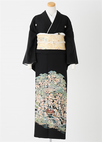 黒留袖一式レンタル　山水画　おしどり　フリーサイズ