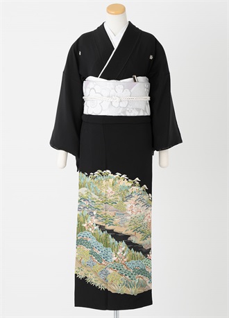 黒留袖一式レンタル　山水画　緑　フリーサイズ