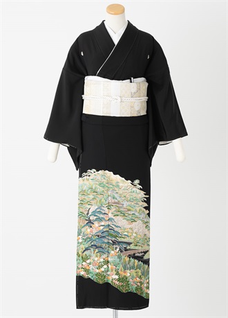 黒留袖一式レンタル　山水画・花　フリーサイズ
