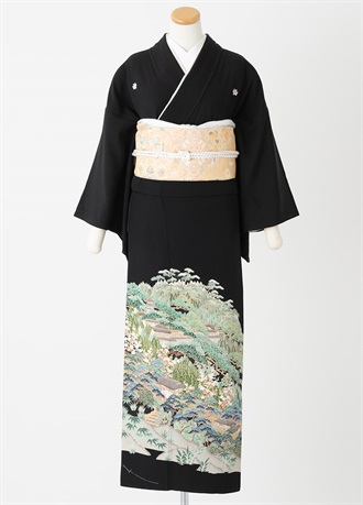 黒留袖一式レンタル　山水画・笹　フリーサイズ